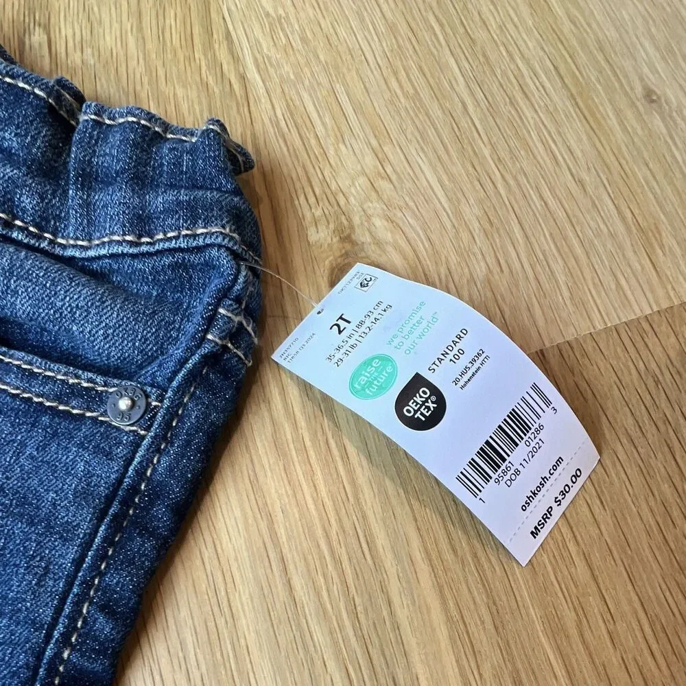 OshKosh B'gosh Toddler 2T Blue Denim Jeans Straight Button Elastic Waist Pockets